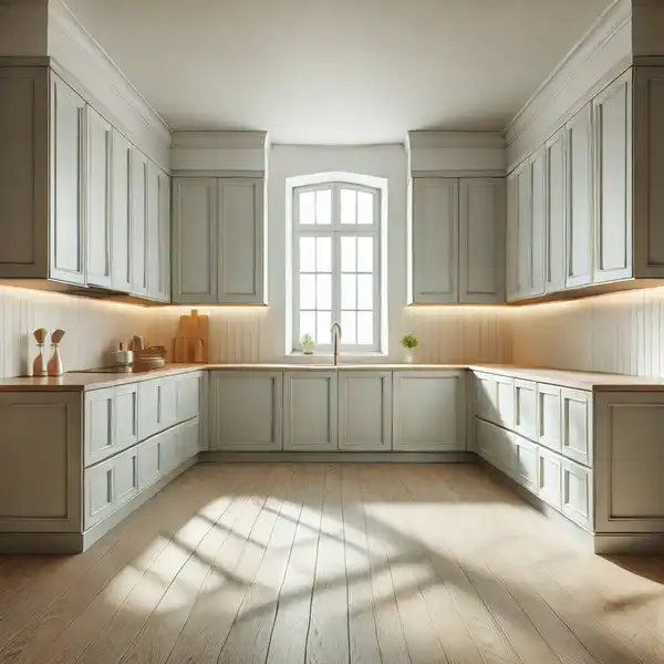 A U shaped kitchen design ideas with soft white walls, light grey cabinets, and tan countertops, featuring natural light reflecting off the surface A U shaped kitchen design ideas with soft white walls, light grey cabinets, and tan countertops, featuring natural light reflecting off the surface