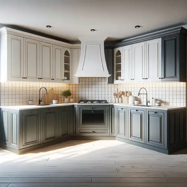 A U shaped kitchen design ideas with two tone cabinets, featuring light upper cabinets in white and dark lower cabinets in charcoal gray A U shaped kitchen design ideas with two tone cabinets, featuring light upper cabinets in white and dark lower cabinets in charcoal gray