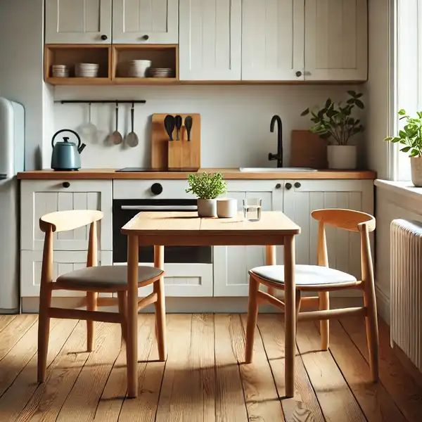 A compact square kitchen table in a bright, small kitchen