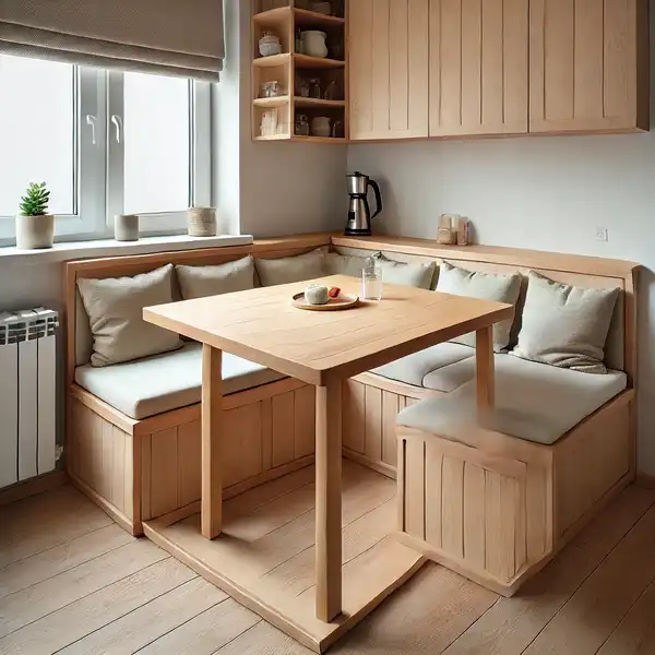 A corner kitchen table in a small kitchen, designed to fit neatly into a corner with bench seating