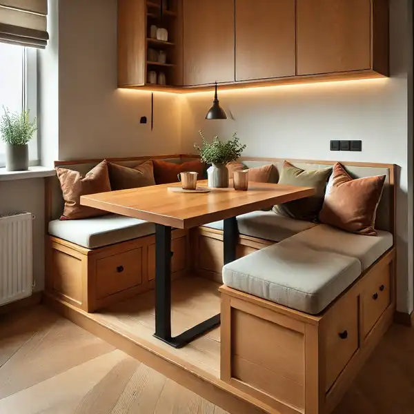 A cozy breakfast nook with a built in bench in a small kitchen corner