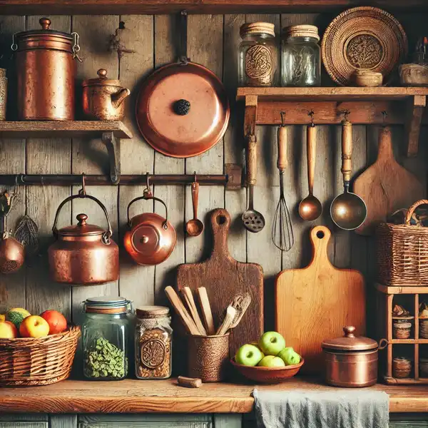A cozy small rustic kitchen featuring vintage and handmade items