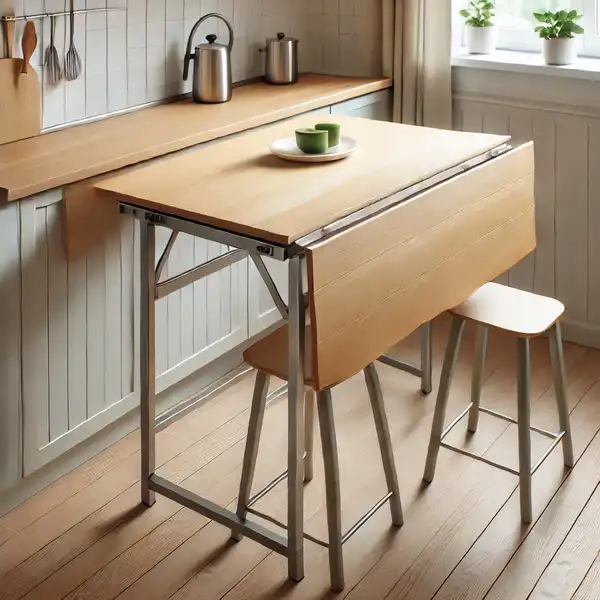 A drop leaf kitchen table with sleek metal legs and a wooden top, placed in a small kitchen