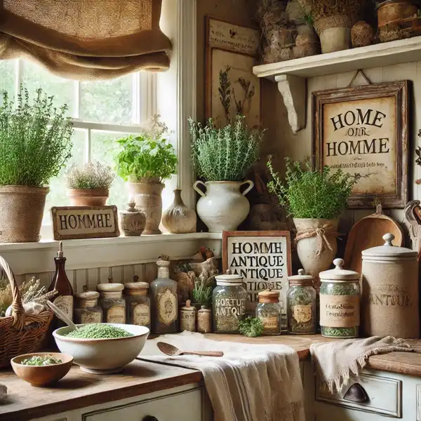 A farmhouse kitchen decorated with potted herbs, rustic antique items, handmade signs, and soft linen and burlap textiles