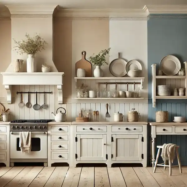 A farmhouse kitchen with soft earthy color schemes featuring creamy whites, beige, light grays, and hints of navy blue