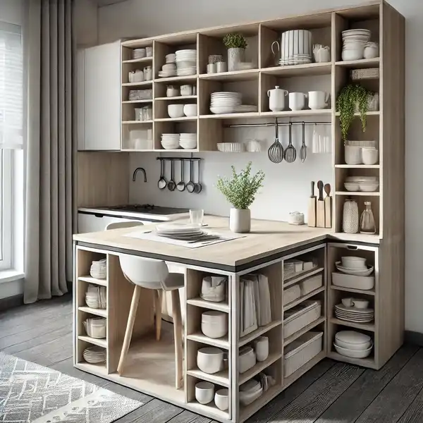 A multi functional kitchen table with built in shelves underneath, placed in a modern, compact kitchen