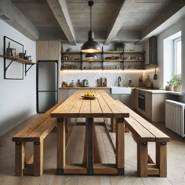 A narrow trestle table in a small kitchen, made of reclaimed wood with an eco friendly, rustic design