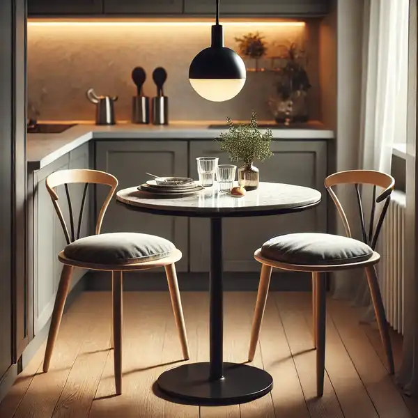 A small, round bistro kitchen table in a cozy corner of a modern kitchen