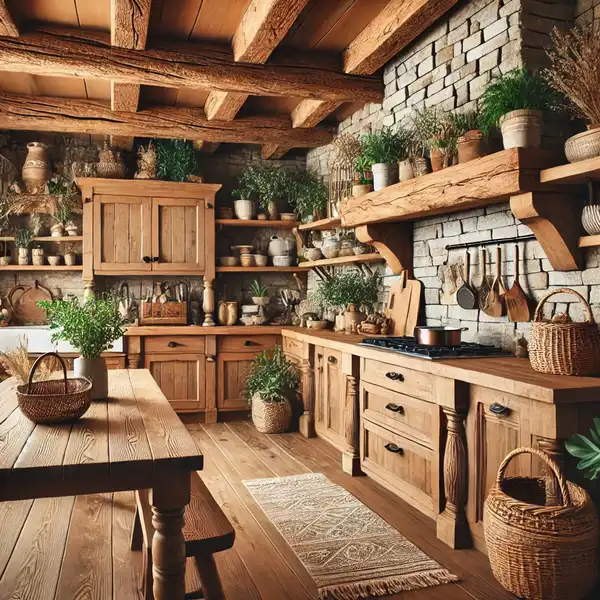 Farmhouse Kitchen Decor Ideas A farmhouse kitchen decorated with natural materials like wood and stone