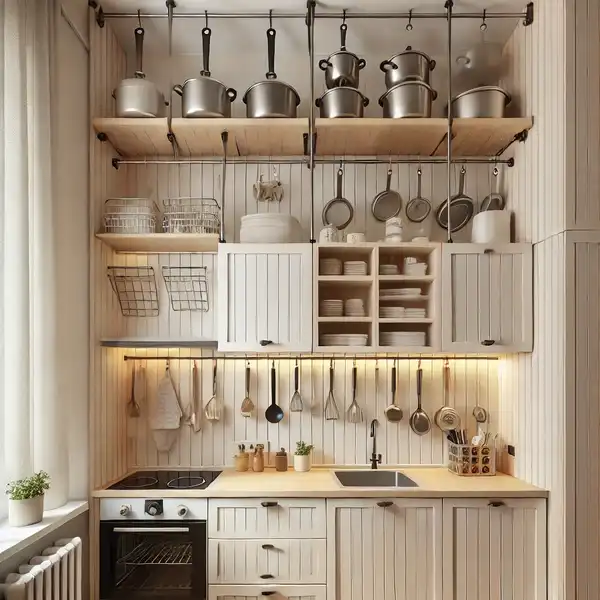 Kitchen Layouts for Small Spaces A small kitchen using vertical space with tall cabinets reaching the ceiling
