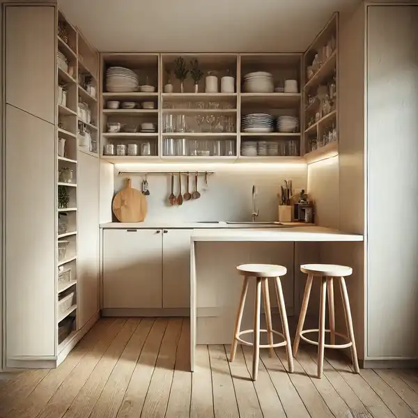 Kitchen Layouts for Small Spaces A small kitchen with clear floors and tucked away stools under the counter
