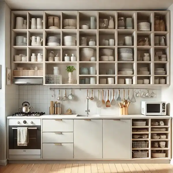 Kitchen Layouts for Small Spaces A small kitchen with open shelving, displaying neatly organized dishes and frequently used items