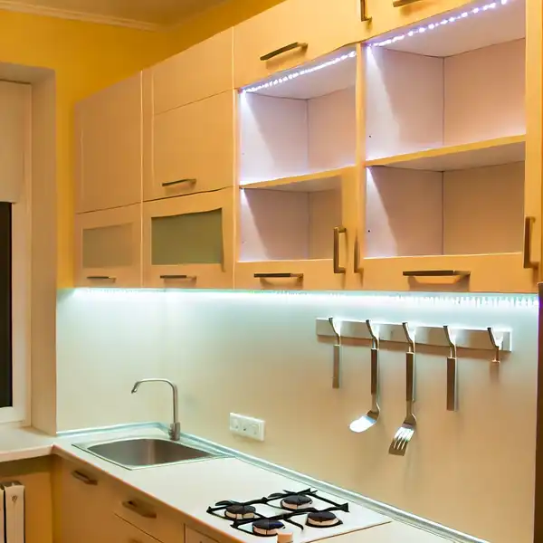 Kitchen Layouts for Small Spaces A small kitchen with under cabinet LED lighting, brightly illuminating the countertops for cooking