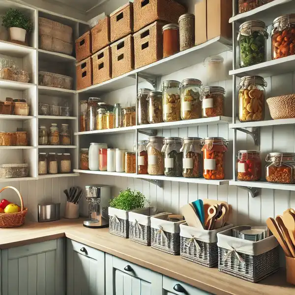 Kitchen Pantries for Small Kitchens An open shelving pantry in a small kitchen with neatly arranged jars, cans, and baskets