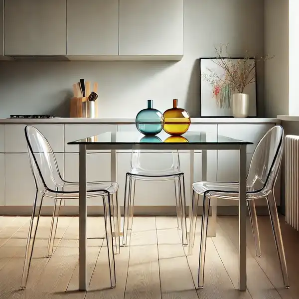 Kitchen Table Designs for Small Spaces A minimalist glass kitchen table in a small, modern kitchen