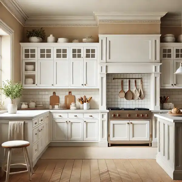 Transitional kitchen ideas featuring classic neutral tones. The design includes white, cream, light brown, and soft gray colors