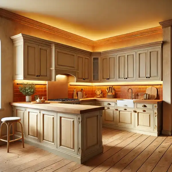 U shaped kitchen design ideas featuring warm and cozy colors with soft yellow walls, warm beige cabinets, and a rustic orange backsplash U shaped kitchen design ideas featuring warm and cozy colors with soft yellow walls, warm beige cabinets, and a rustic orange backsplash