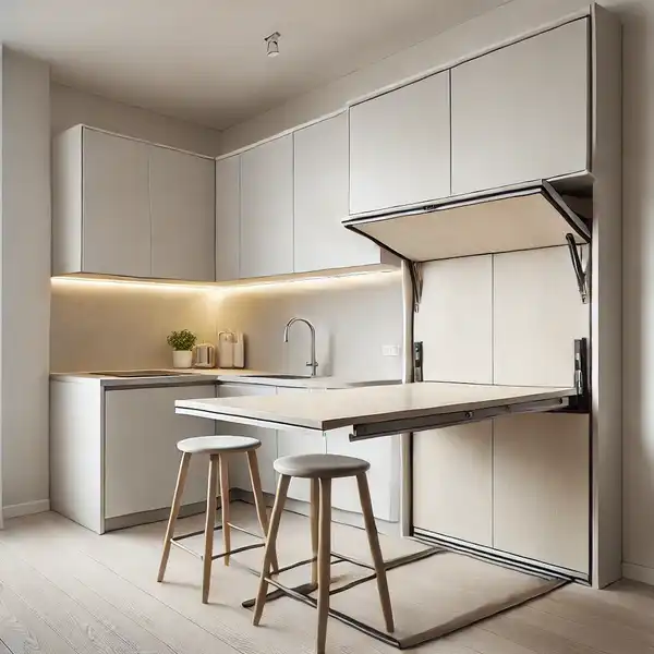 wall mounted drop down kitchen table in a modern, small kitchen
