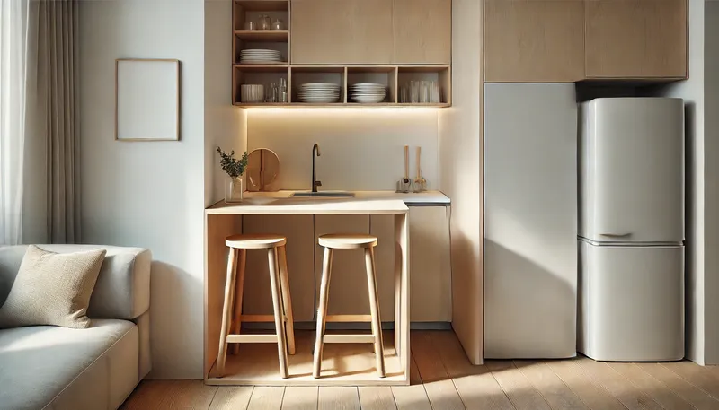 5. A small kitchen with minimalist stools tucked neatly under the counter
