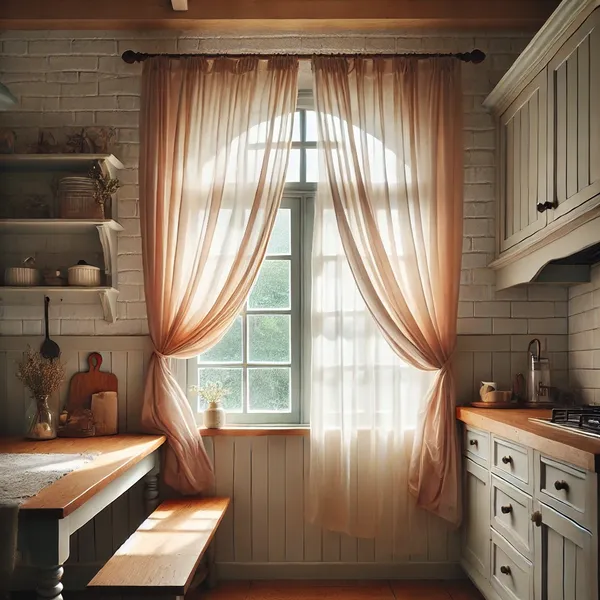 Kitchen Window Treatment Ideas with a window dressed in light, flowing curtains