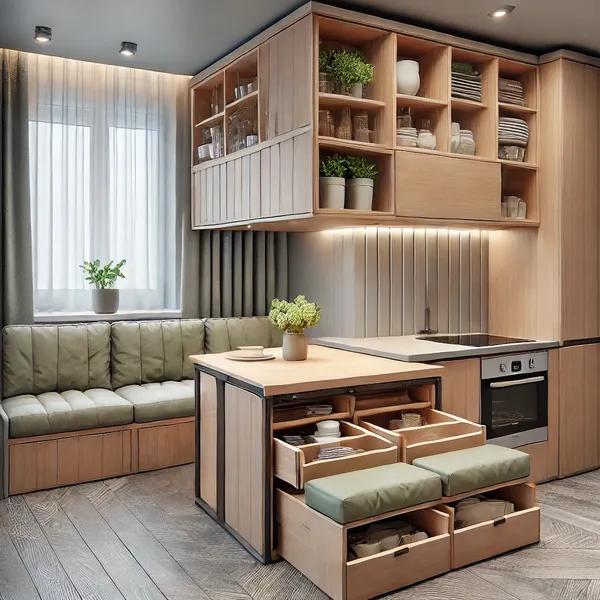 Small Kitchen Renovation Ideas with multi functional furniture, featuring a compact kitchen island with built in storage