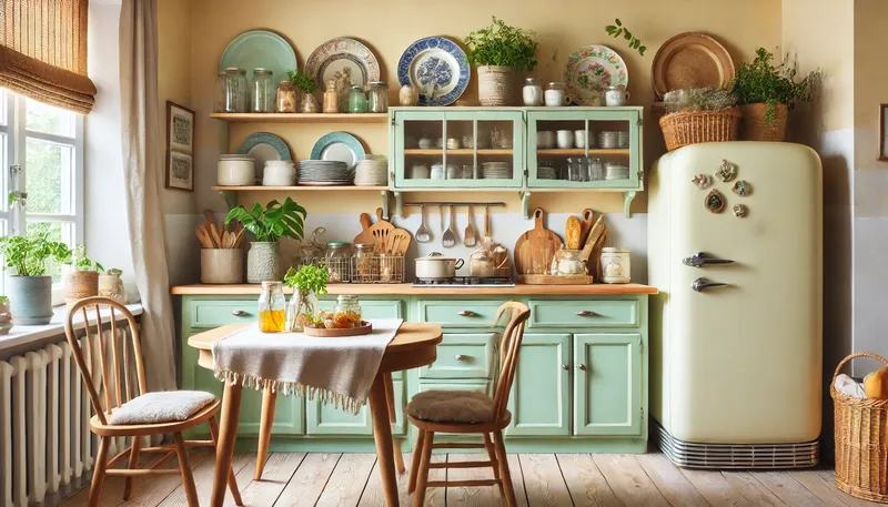 Vintage Kitchen Decor Ideas featuring a pastel color palette, including mint green cabinets, pale yellow walls