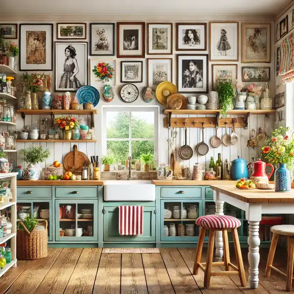 A farmhouse kitchen with personal touches like colorful accents, collections of vintage and modern items