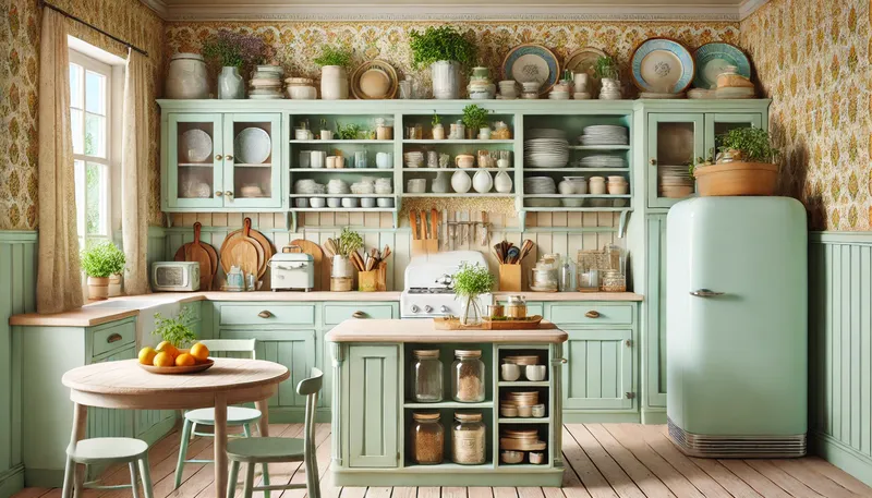 A cozy vintage kitchen decor ideas showcasing a pastel mint green color palette, including cabinets and an island